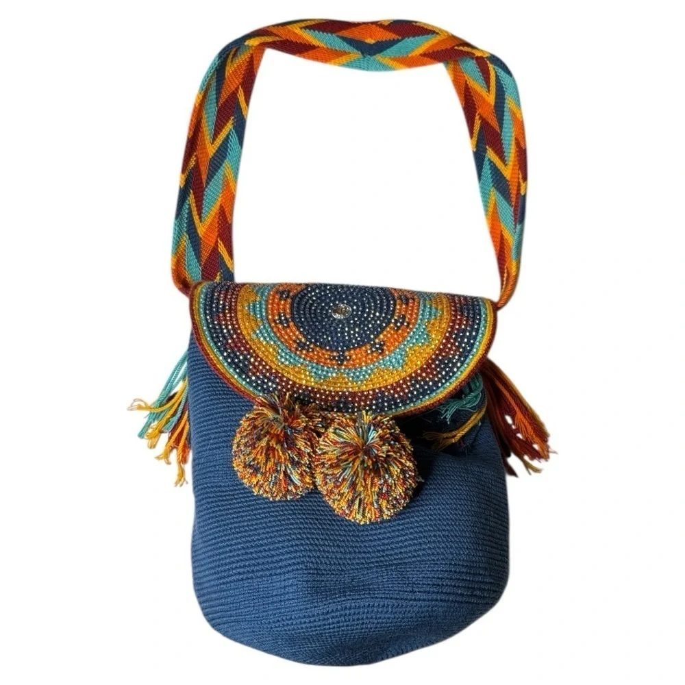 Wayuu Crystal Medallion Crochet Pom Pom Bag Flap Top